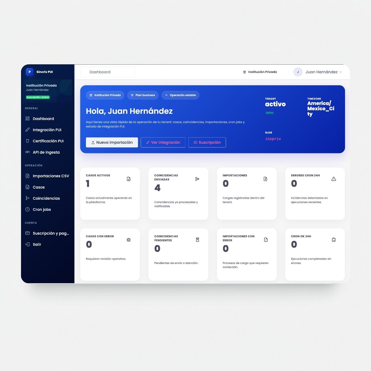 Dashboard showing technical integration metrics and connection logs